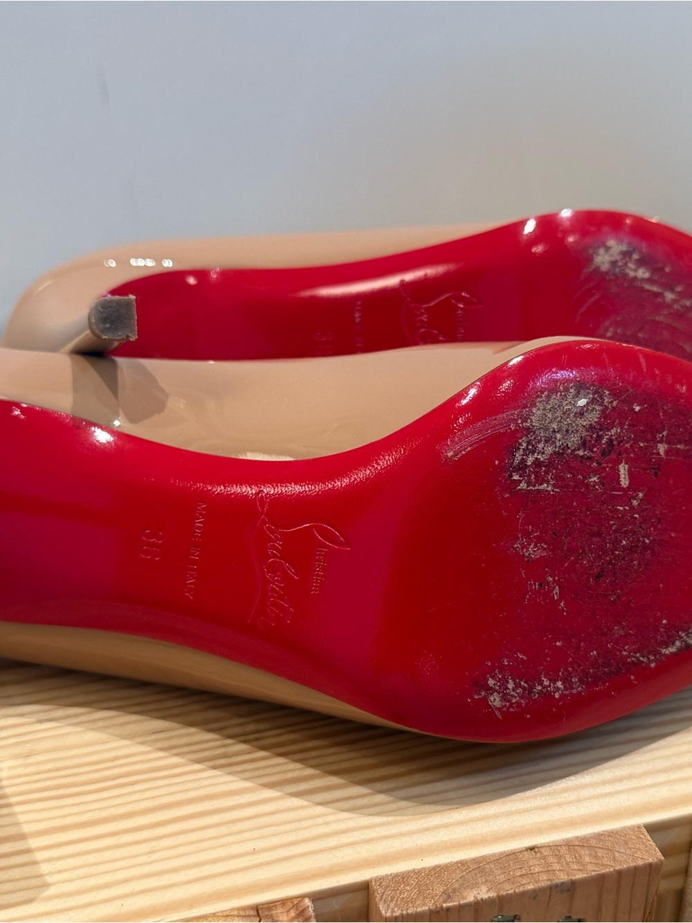Christian Louboutin Nude Patent Pointed-Toe Pumps with Red Soles